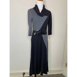 Vintage 80s Colorblock Cowl Neck Ribbed Jersey Dress Sz Large Gray Black